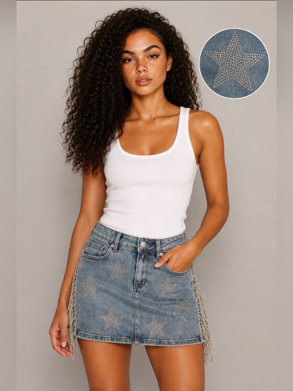 NWT Nina Rossi Star Rhinestone Fringe Denim Mini Skirt - Size S